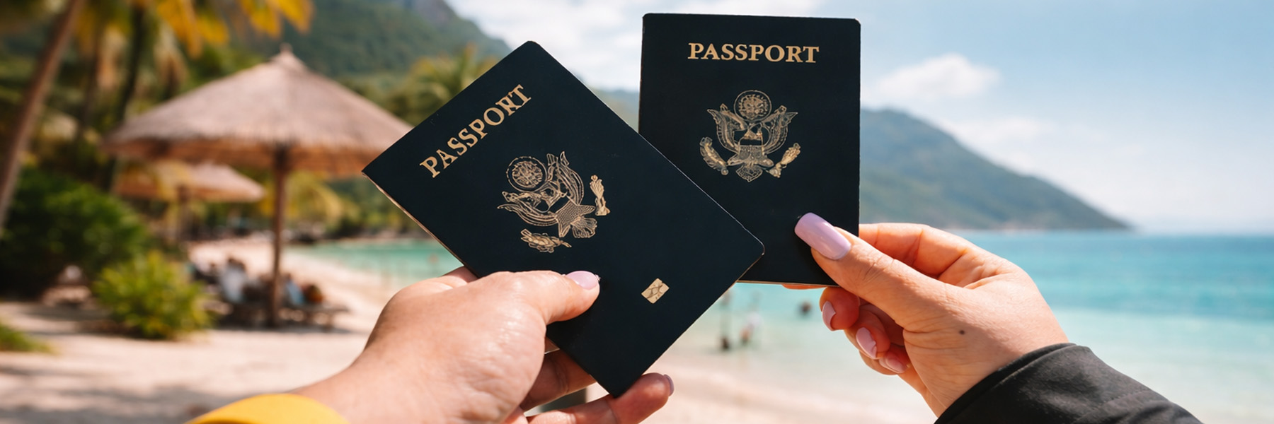 documenten op reis juridische paspoort exotische land palmbomen strand