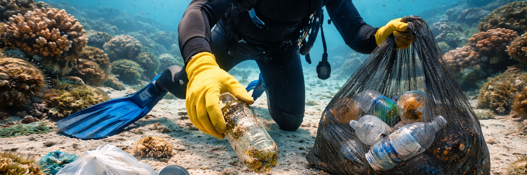 onderwater schoonmaak opruimen oceaan scuba duiker