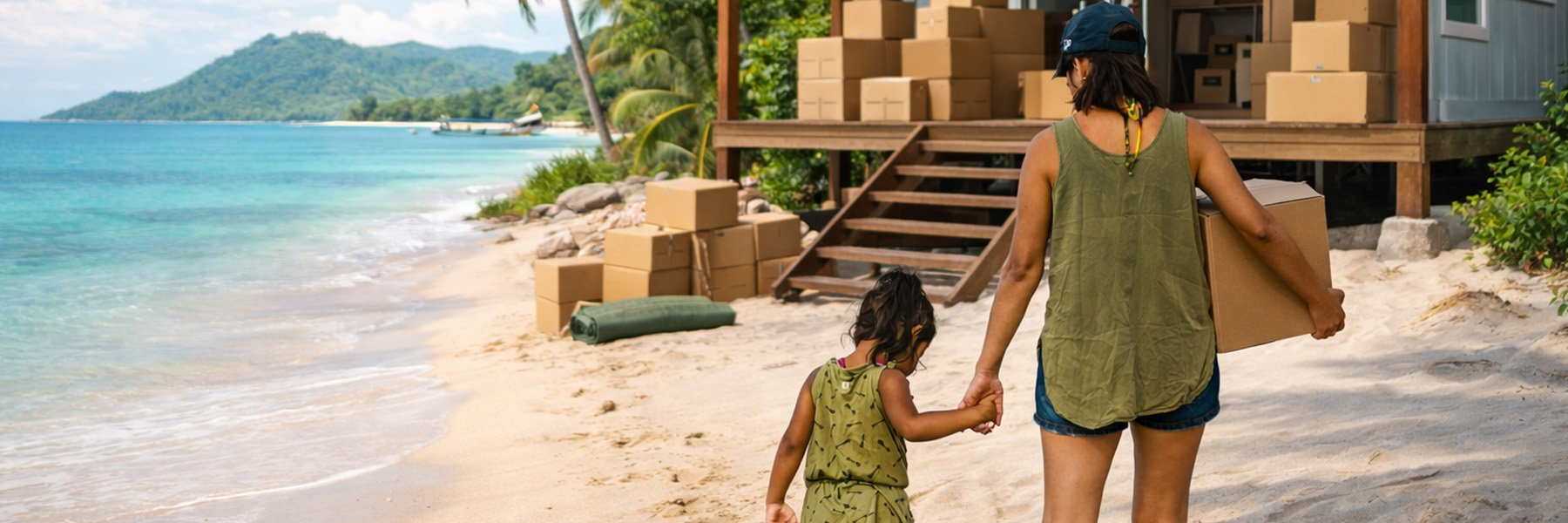 verhuizen dozen lang verblijf met kind op strand exotisch wandelen hand in hand